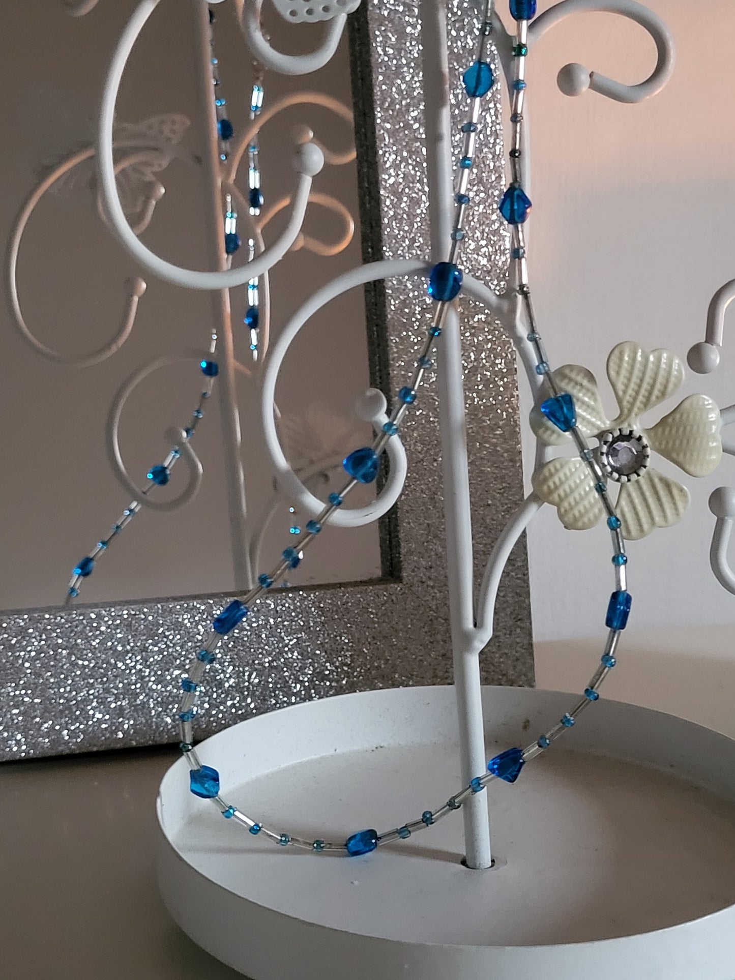 Handmade Silver and blue glass beaded necklace