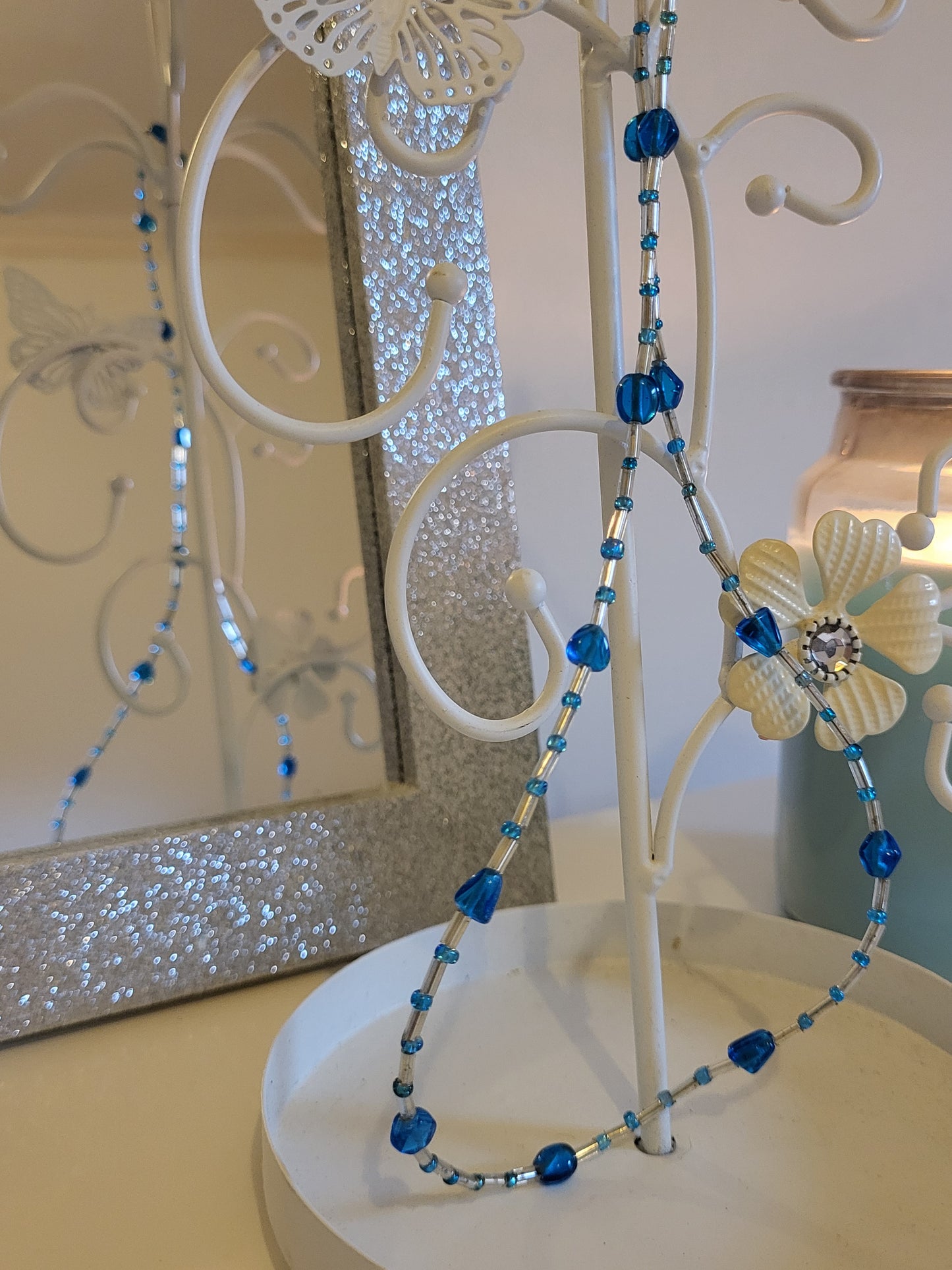 Handmade Silver and blue glass beaded necklace