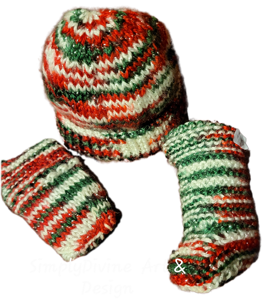 3-pce handknitted bay hat, mitts and booties